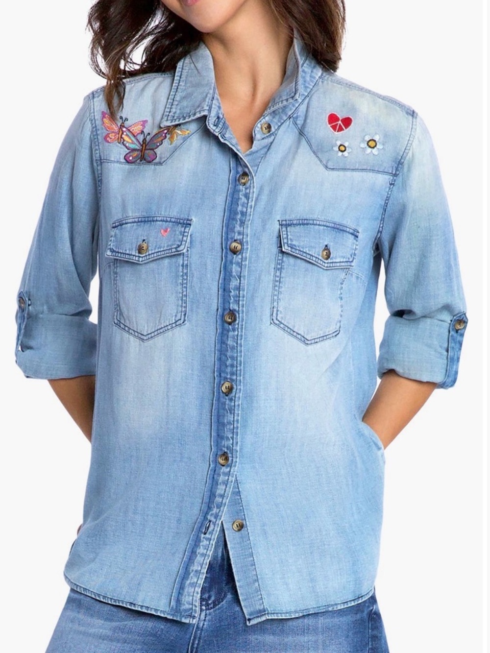 Billy T. Butterfly Kiss Light Wash Embroidered Denim Button-Down Shirt